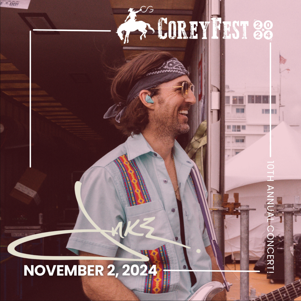 CoreyFest 2024 paid ad featuring Jake Owen in a light blue shirt with bandana, with CoreyFest logo and November 2, 2024 date