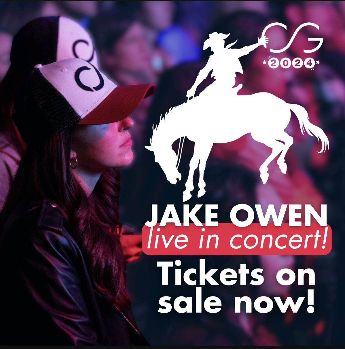 CoreyFest 2024 paid ad showing concert crowd with woman in CG cap, Jake Owen live in concert messaging and Tickets on sale now