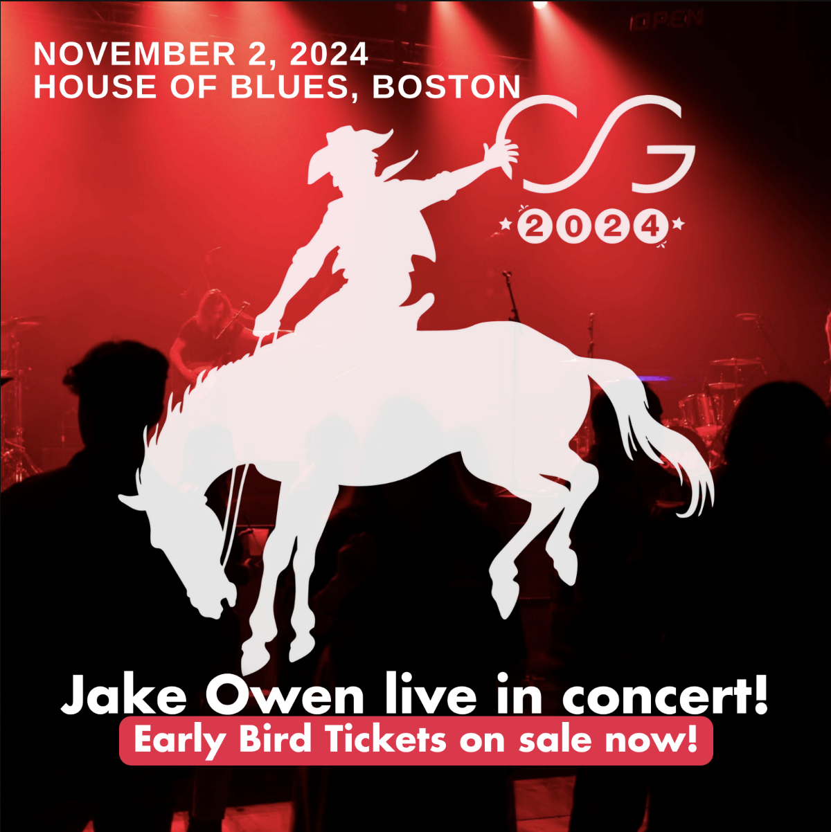 CoreyFest 2024 paid ad with red concert lighting, white cowboy silhouette logo, and Early Bird Tickets on sale now messaging