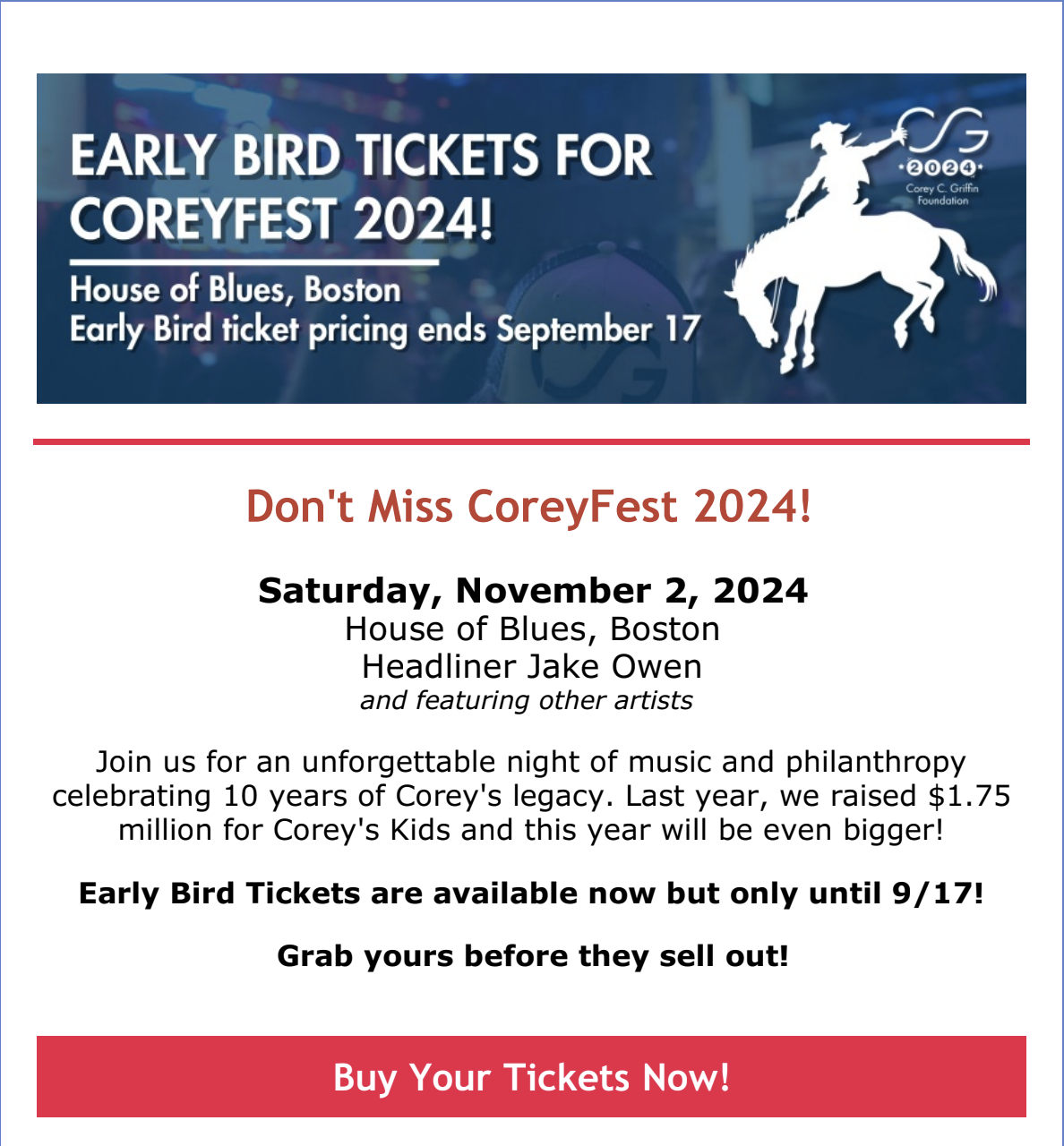 CoreyFest 2024 Early Bird Tickets email with event header and Buy Your Tickets Now button