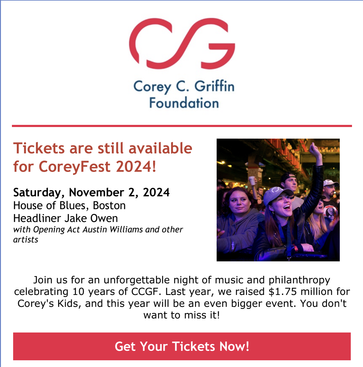 CCGF Events email blast with Foundation logo and Tickets Still Available messaging