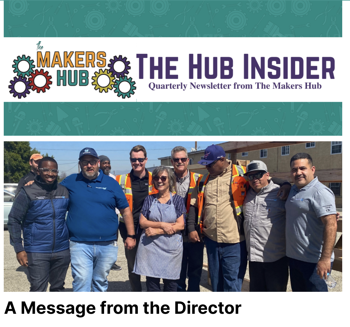 The Hub Insider quarterly newsletter header with The Makers Hub logo and group photo of community volunteers