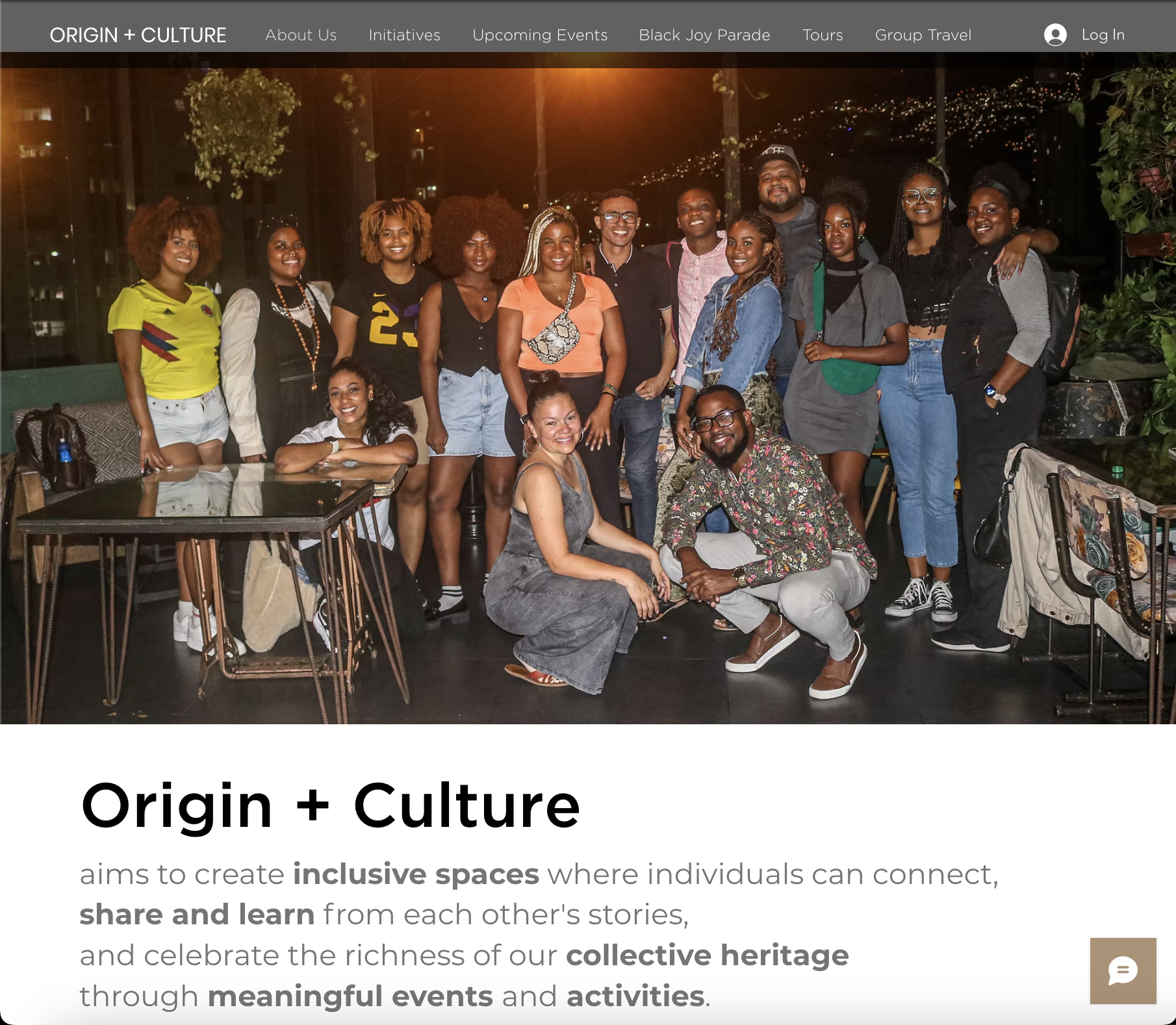 Origin + Culture About Us page showing group photo of Black travelers at night venue with mission statement about creating inclusive spaces for connection, learning, and celebrating collective heritage