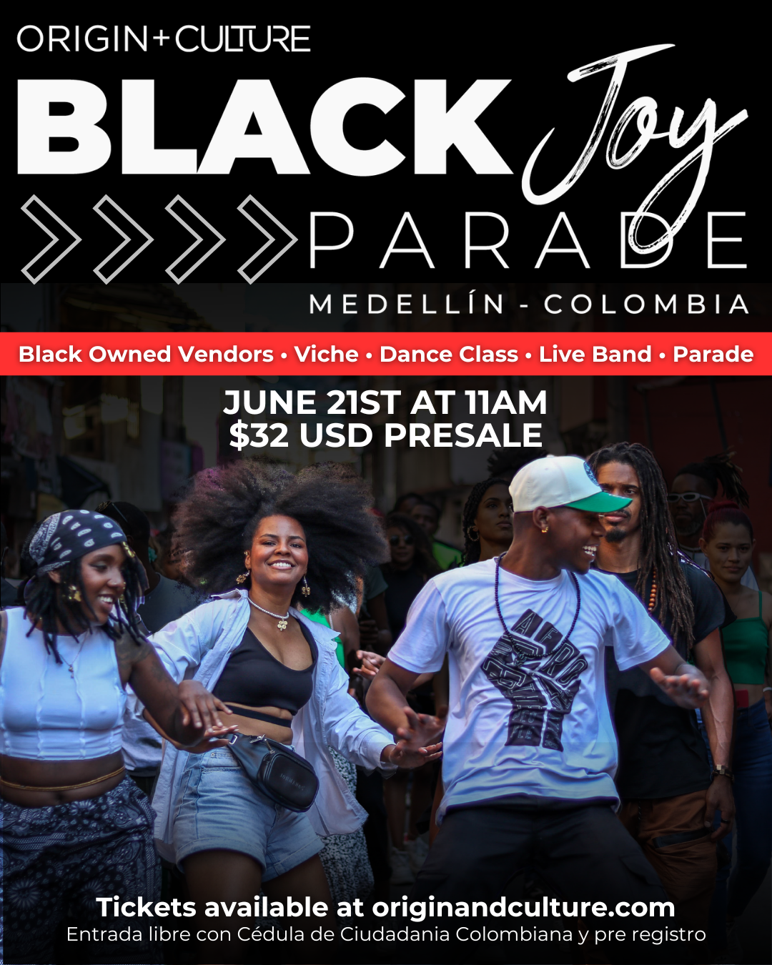 Black Joy Parade promotional flyer showing dancers in Medellin streets with event details - June 21st at 11AM, $32 USD presale