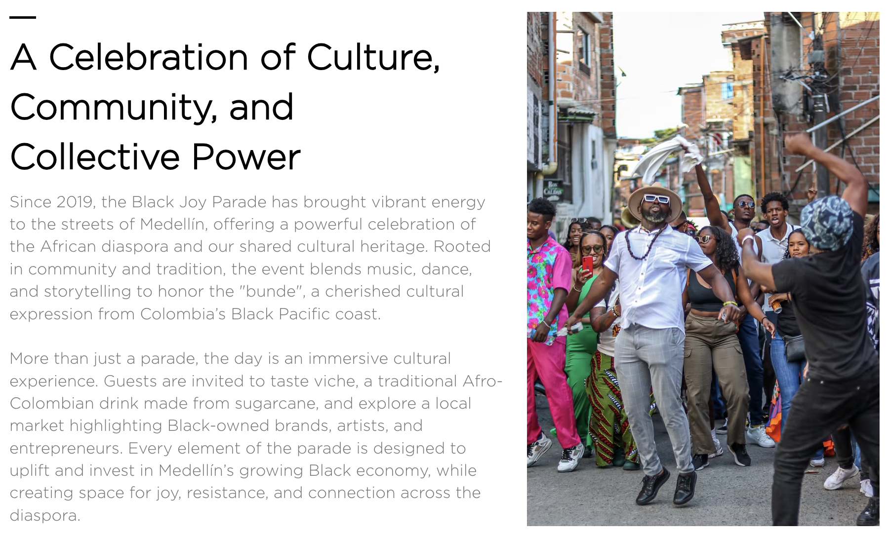 Origin + Culture Black Joy Parade page in English showing 'A Celebration of Culture, Community, and Collective Power' heading with Black Joy Parade dancing photo