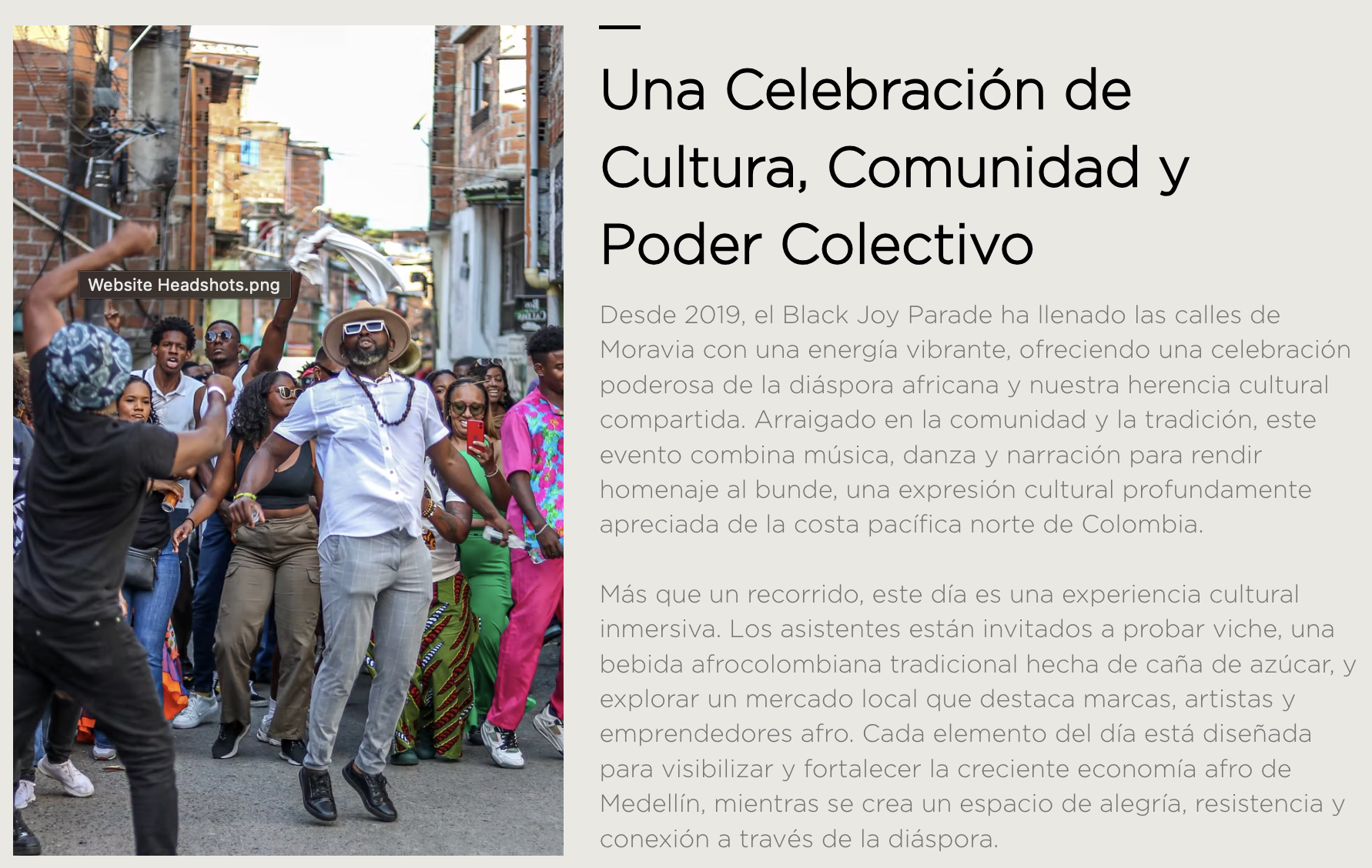 Origin + Culture Black Joy Parade page in Spanish showing 'Una Celebración de Cultura, Comunidad y Poder Colectivo' heading with Black Joy Parade dancing photo